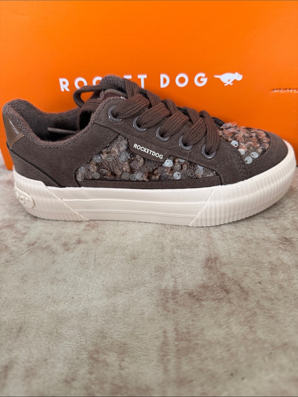 Rocket Dog Cheery Brown Sequin Kids Lace-Up Sneaker with White Platform